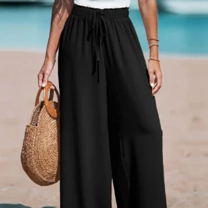 Women’s Wide Leg Pants with Pockets – Elastic Waist Comfortable Loose Fit