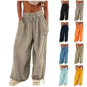 Women’s Wide Leg Pants with Pockets – Elastic Waist Comfortable Loose Fit